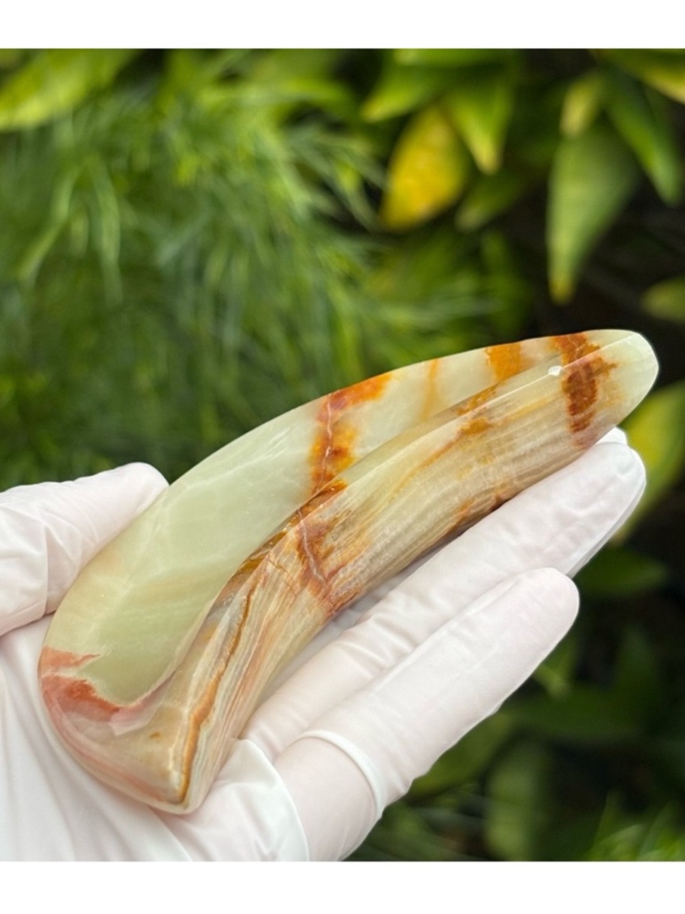 Green Banded Calcite Moon Shaped Crystal Dish / Plate - Trade Name: Green Onyx